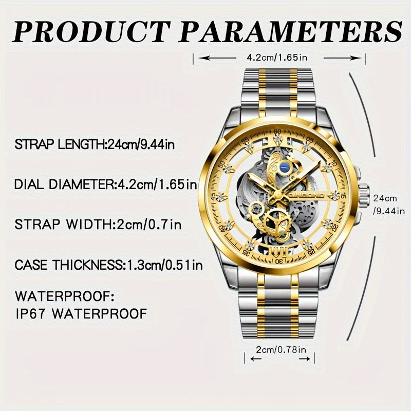 BINBOND Men's Sleek Golden-Tone Quartz Watch - Transparent Dual-Sided Hollow Design, Waterproof with Luminous Hands, Stainless Steel Band, Ideal Gift
