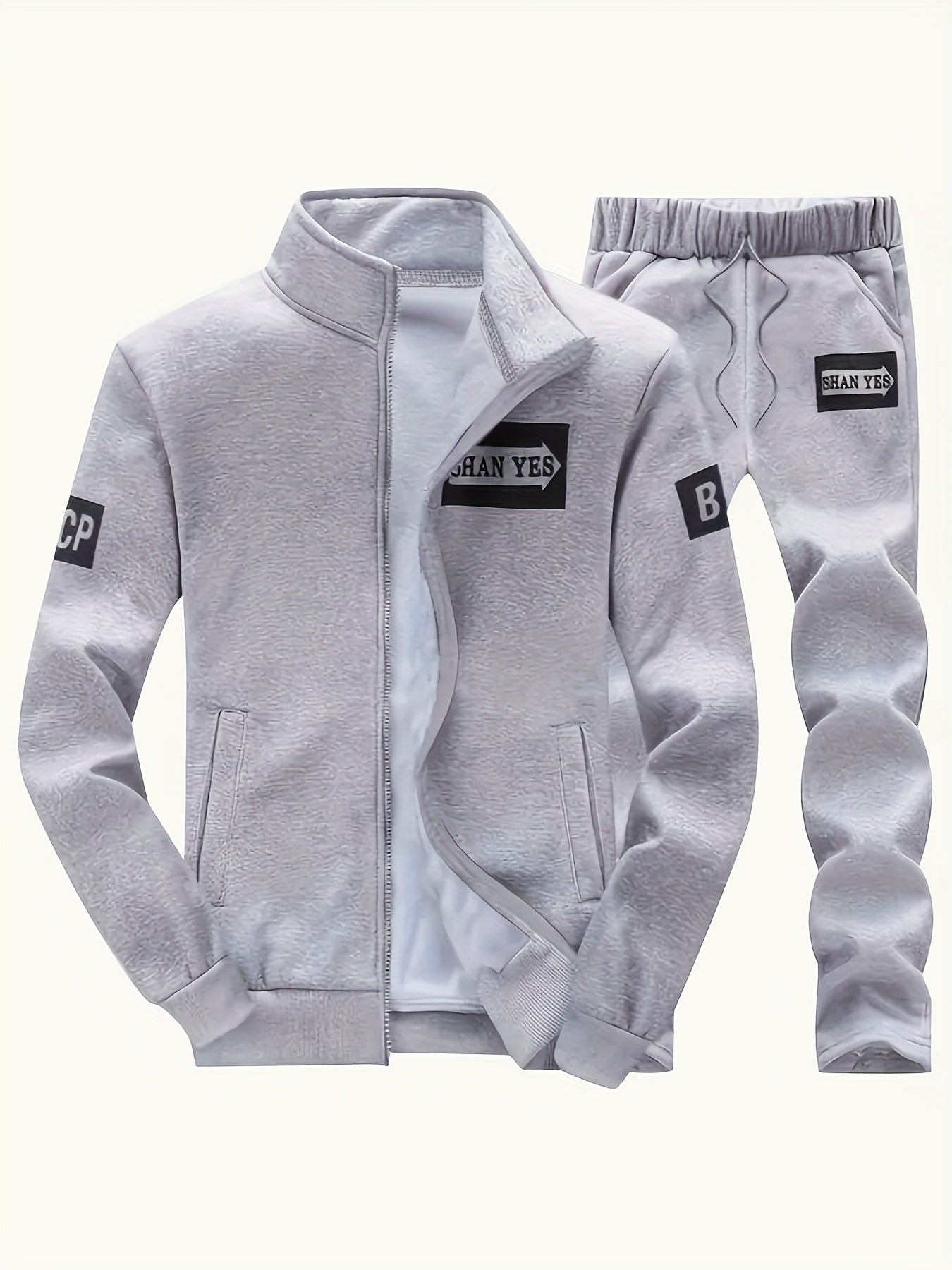 Men'S Navy Blue "Shan Yes" Print Casual Sports Suit - Zip-Up Hoodie & Joggers with Pockets, Regular Fit for Spring & Fall, Comfortable Leisure Wear, Leisure Wear Hoodie | Sporty Hoodie | Zipper Closure, Essential Hoodie