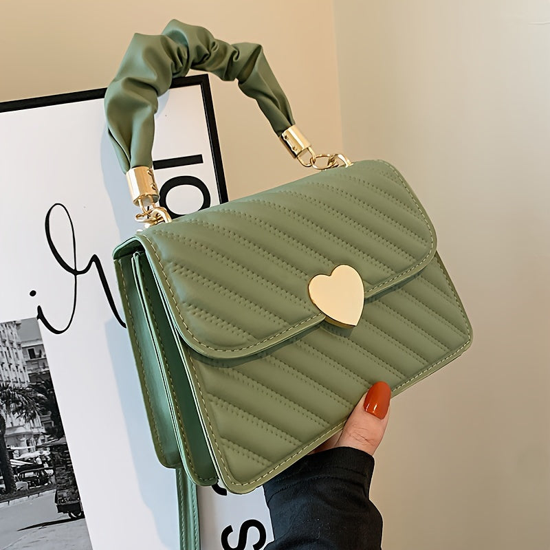 Women'S Fashion Shoulder Bag, Korean Version, Faux Leather, Quilted Solid Color, Heart Accent, Removable Strap, Magnetic Closure, Synthetic Faux Leather Lining, Painted Edges, Versatile Crossbody Purse - Available in Black, R