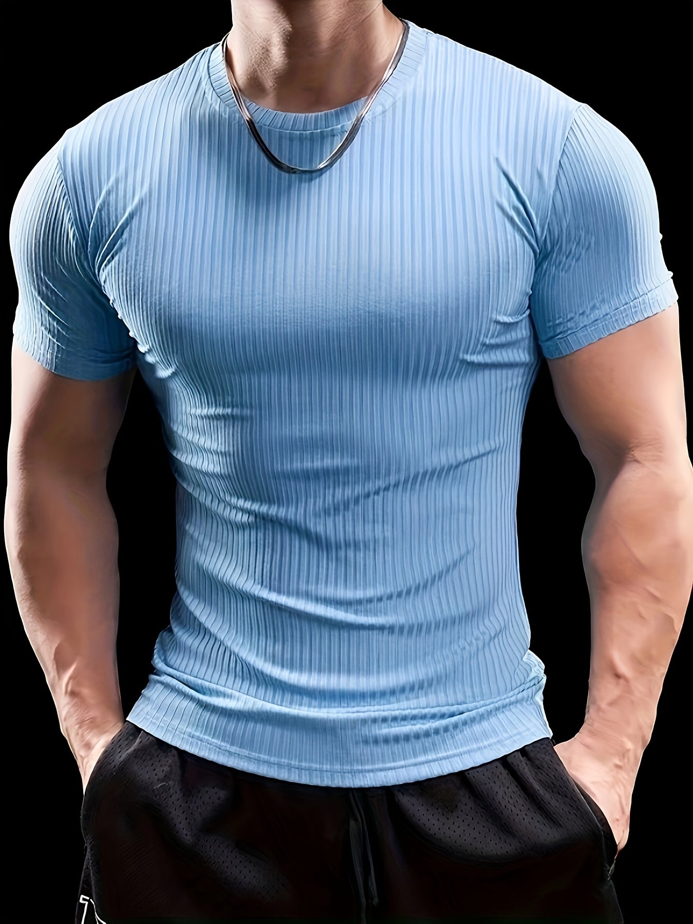 Men's Stretch Fit Short Sleeve T-Shirt - Breathable, Comfortable Polyester Blend, Solid Blue, Crew Neck, Casual Sporty Style for Spring/Summer