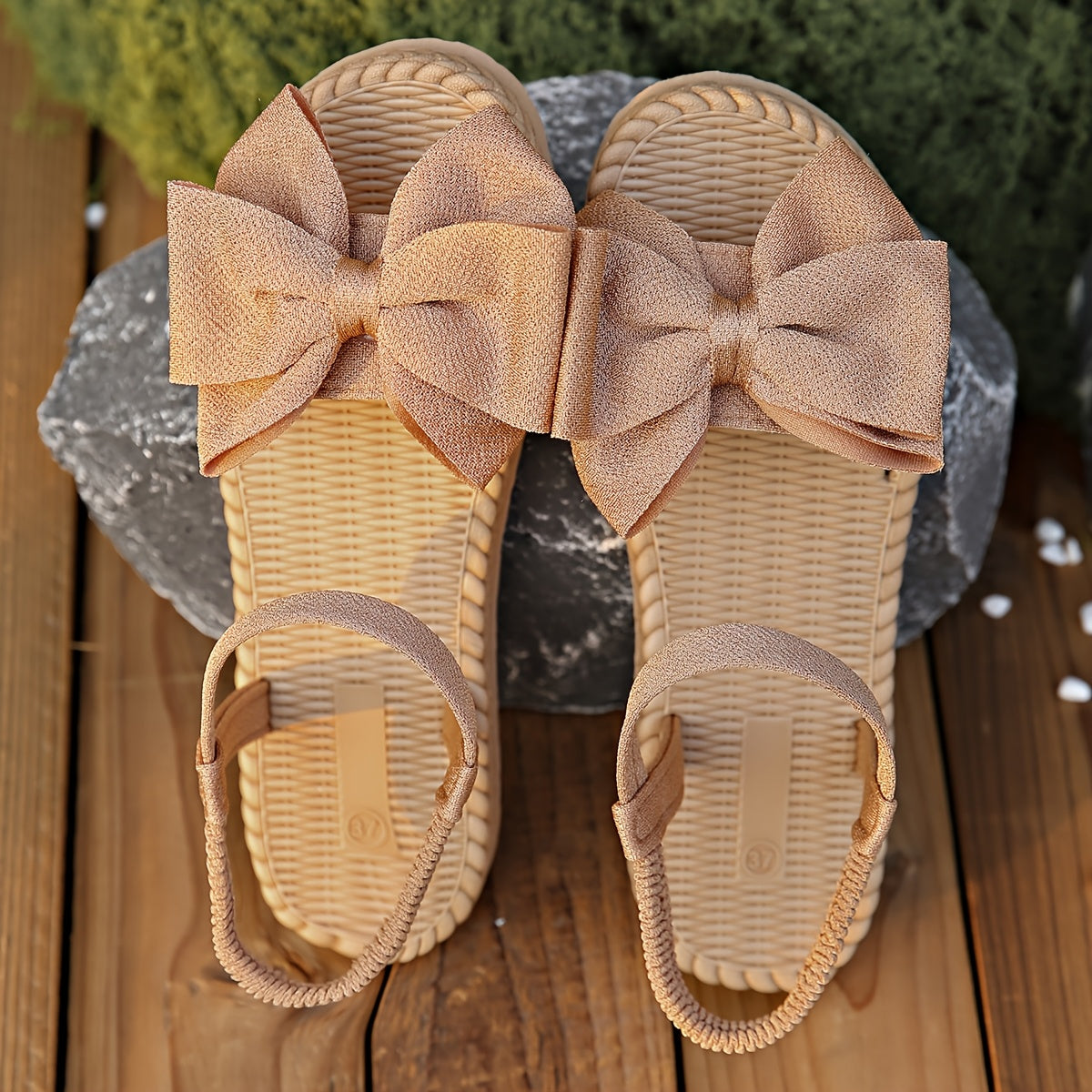 Elegant Women's Mary Jane Flat Sandals with Black Bow Detail - Lightweight Soft Microfiber Slip-On Open-Toe Beach Shoes, Comfortable EVA Sole for Casual Formal Wear, All-Season Versatile Design, Summer Footwear, Bowadorned