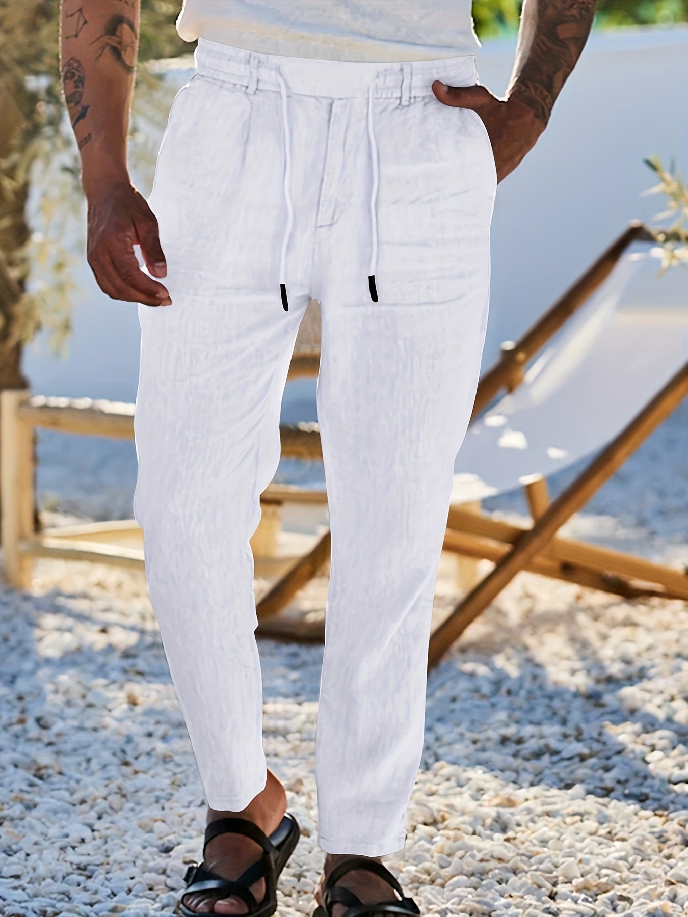 Men'S Casual Linen Drawstring Pants - Comfortable Straight Fit, Lightweight & Breathable for Beach & Outdoor Activities, Beach Casual Wear|Straight Fit Pants|Lightweight Fabric