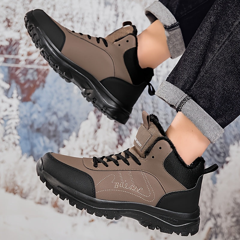 Men's Mid-Top Outdoor Sneakers | Plush Lining for Warmth | Durable MD Sole | All-Season Comfort | Stylish Black | Casual Walking Shoes with Hook & Loop Fastener | Ideal for Travel and Everyday Use