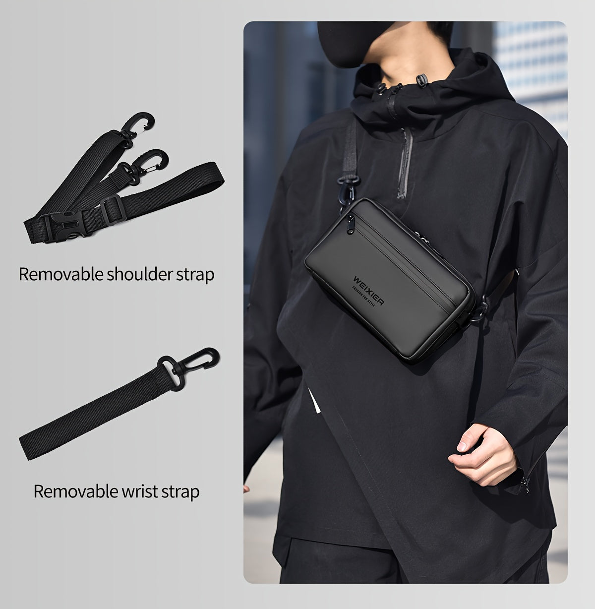 WEIXIER Men's Casual Nylon Handbag - Large Capacity with Adjustable Wrist Strap, Sleek Black for Daily Use, Valentine's Day Gift for Him, Outdoor Bag Casual Style Nylon Material