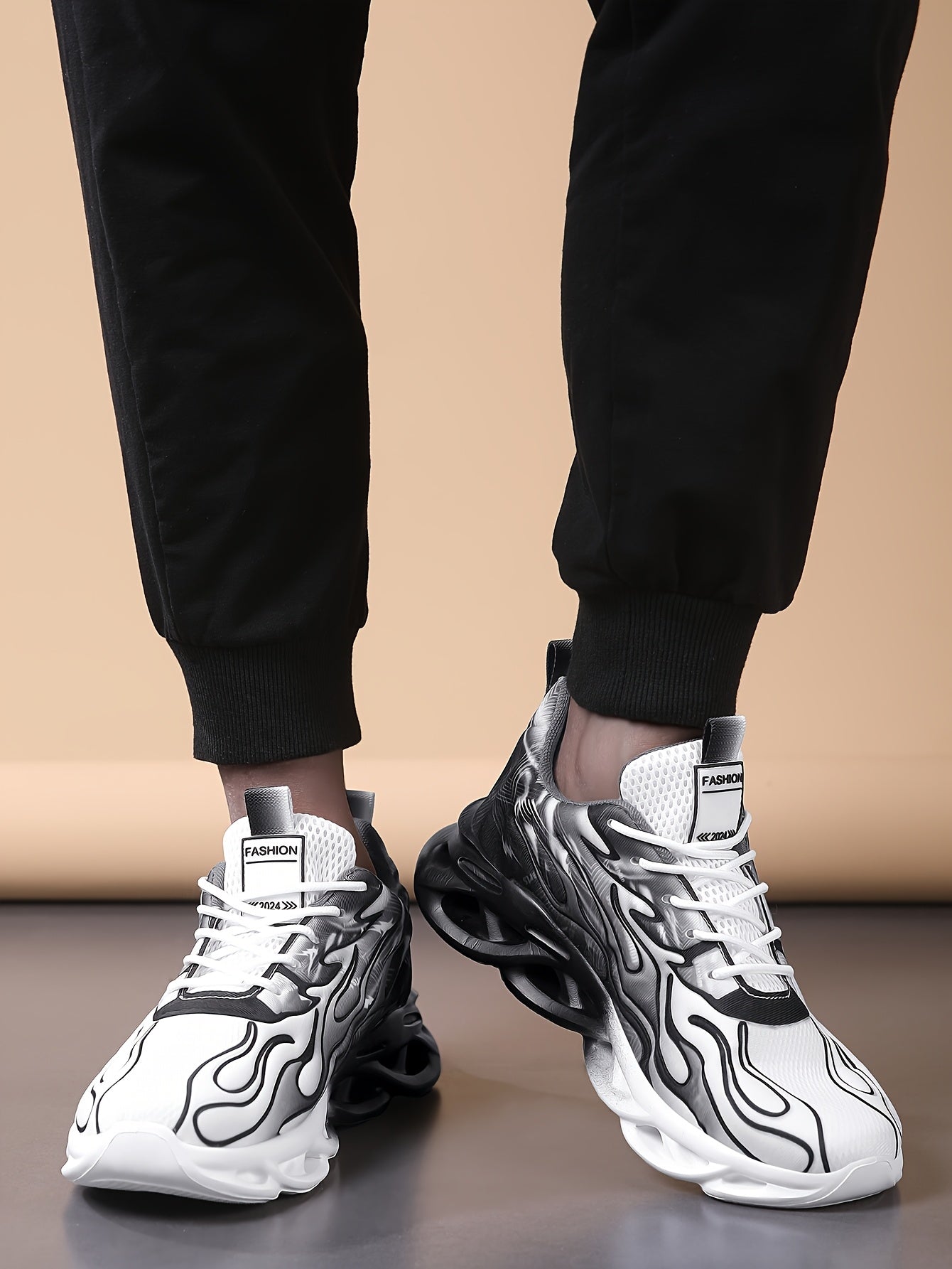 Trendy Black White Gradient Sneakers - Breathable Mesh, Thick Sole for Height Boost, Fashion Athletic Casual Running Shoes with Flame Design, Perfect for Students Casual Attire, High Top Sneakers