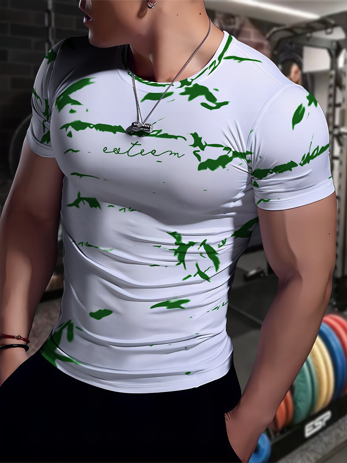 Men's High-Elasticity Anti-Tear Graffiti T-Shirt - Black White Geometric Print, Tight-Fit Athletic Top for Gym, Running, Yoga Casual Summer Wear, Gym Clothes, Highelastic Polyester, Short Sleeve Design