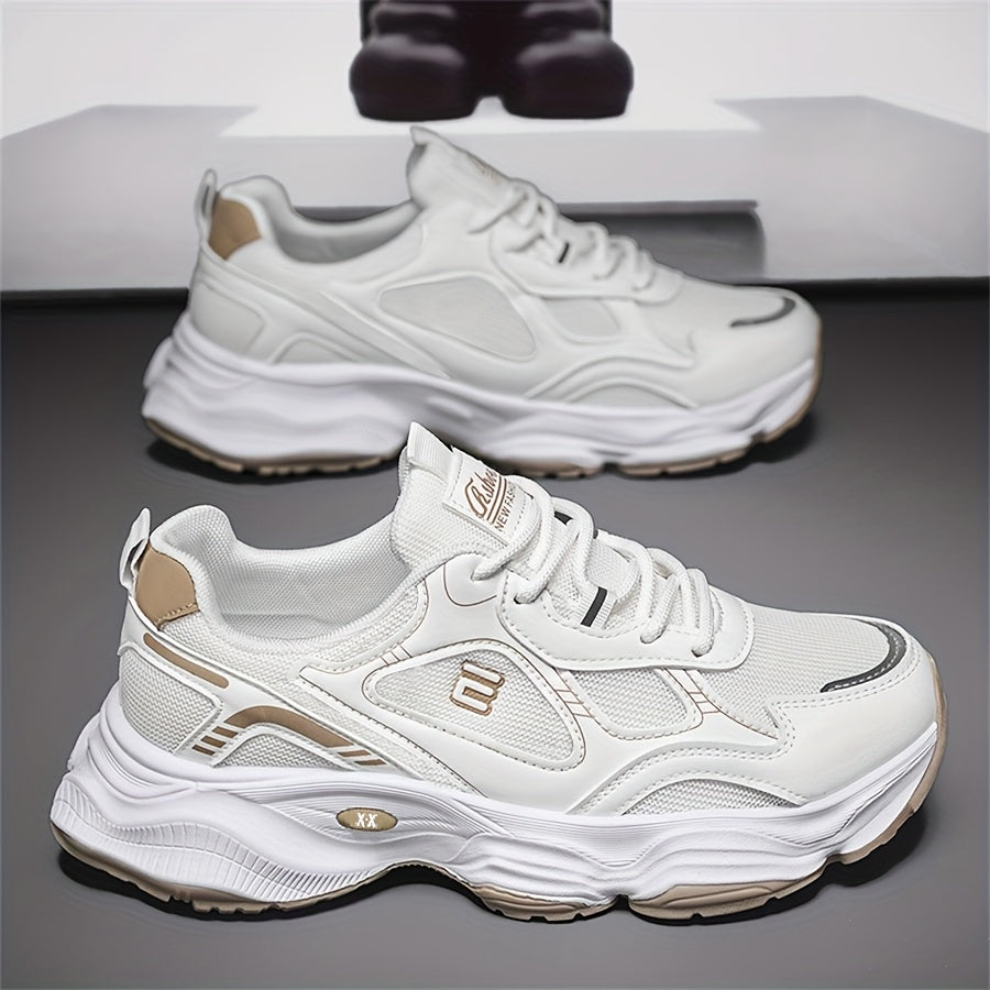 Men'S 2025 New Fashionable Low-Top Sneakers with Thick Sole - Non-Slip, Outdoor Casual Shoes for Teenagers and Young Adults, White and Golden Accents, All-Season Comfort, Casual Footwear Modern Sneaker Design Rubber Base