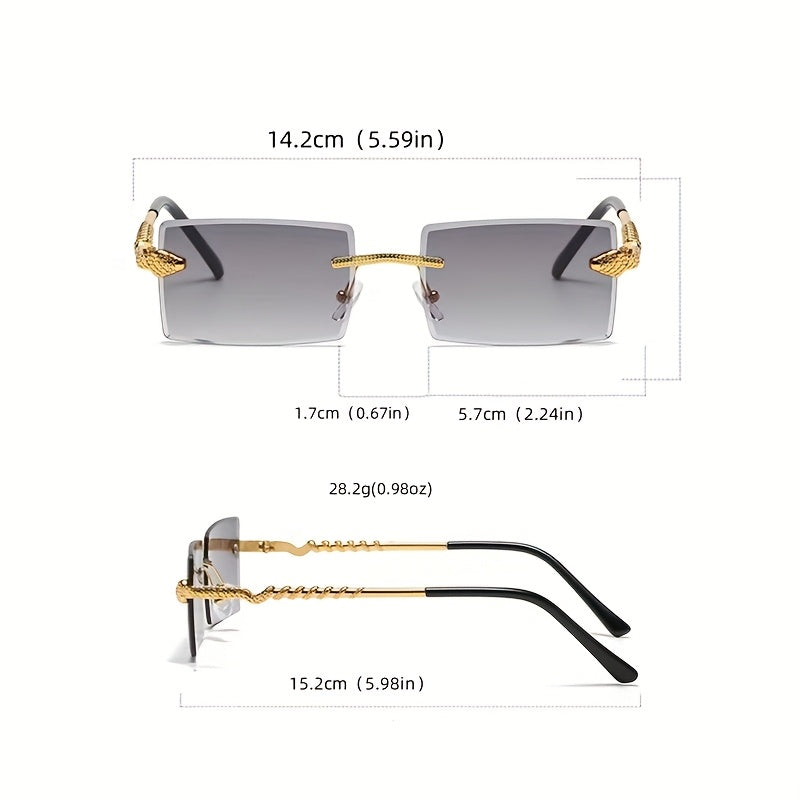 1 Pair Men's Frameless Rectangular Fashion Glasses with Golden Snake-Light Beige Metal Temples - Wide Fit (>139mm), Decorative Lens, Casual Fashion Accessories for Halloween/Christmas/Mother’s Day, Trendy Eyewear, Snake Pat