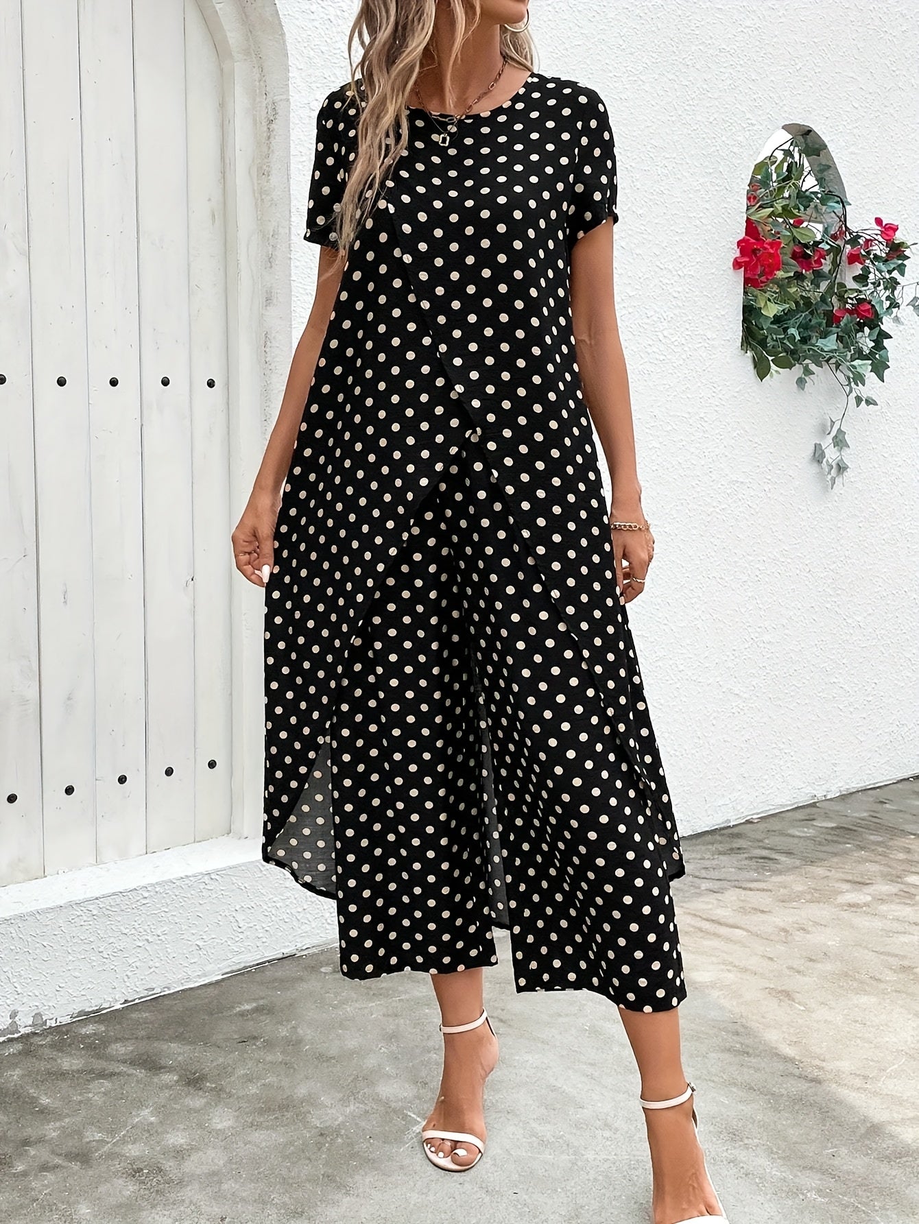 Chic Black & White Polka Dot Cross-Front Short Sleeve Maxi Robe and Pants Set - Elegant Summer Outfit for Women, Crew Neck, Non-Stretch Fabric with Asymmetrical Detail, Plus Size Friendly, Casual Elegance Wear | Polka Dot Pat
