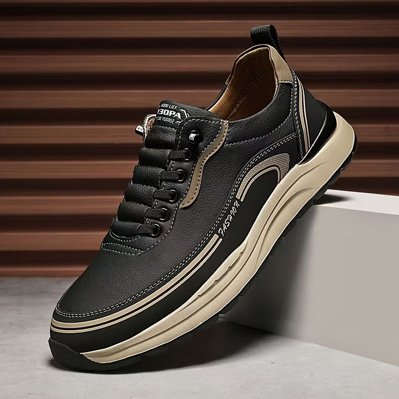 Men's Slip-On Sneakers - Lightweight, Cushioned, Thick Rubber Sole Casual Shoes in Black Tan with Logo Details, Versatile for All Seasons, Outdoor, Running, and Training