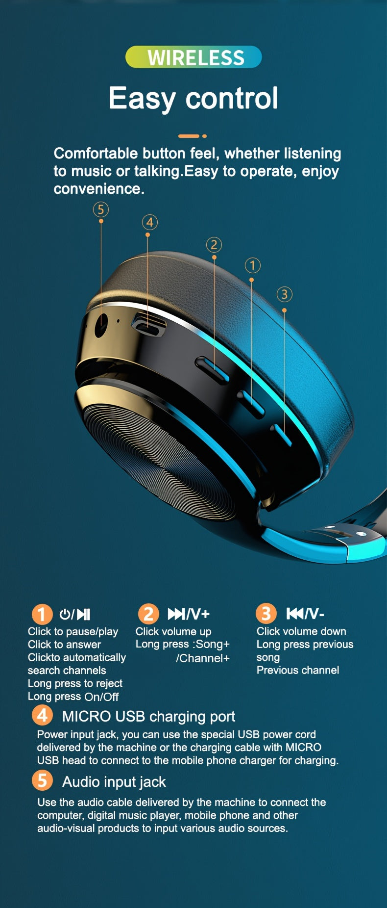 High-End Over-Ear Wireless Headphones with Metal Folding Design, Surround Sound, Wireless, TF Card/Radio Modes, USB-C Charging, Ergonomic Comfort for Sports, Gaming & Running - Blue & Golden