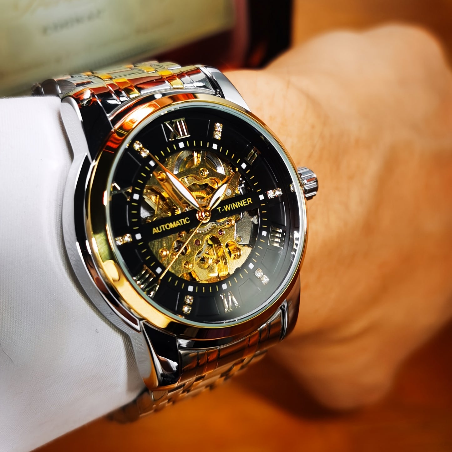 1pc Fashion Luxury Golden Skeleton Automatic Mechanical Watch for Men Luminous Hands Top Brand Stainless Steel Strap Business Casual Mens Watches Festival Birthday Gifts, TWINNER