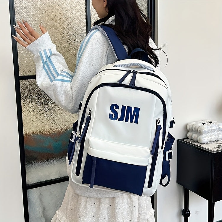 Stylish Unisex Nylon Backpack - Durable Casual Travel School Bag with Adjustable Straps, White Blue Design, Lightweight and Spacious for Everyday Use, School Backpack Contrast Strap Design Polyester Lined, Travel Back