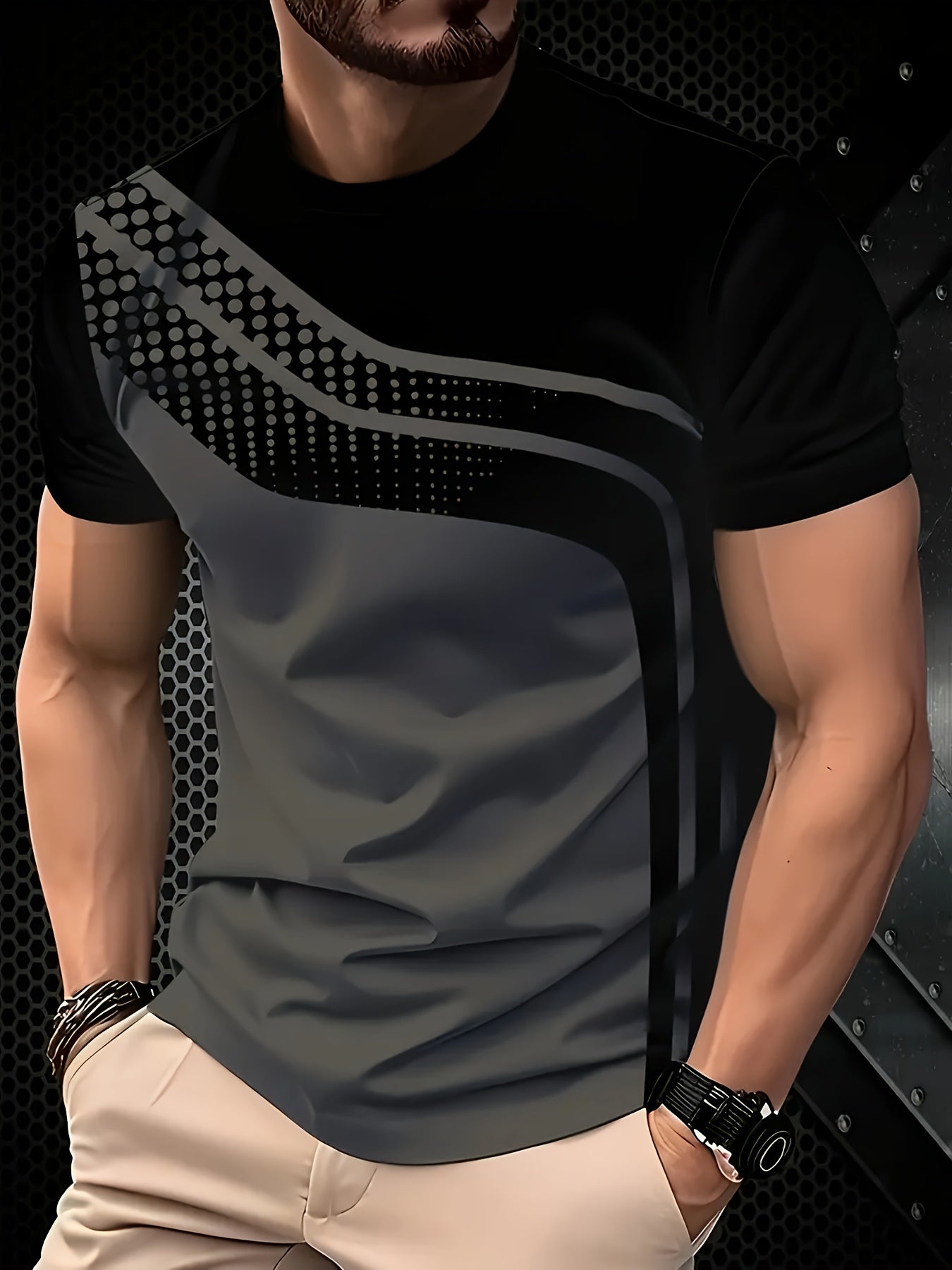Men'S Stylish Black Gray Striped T-Shirt - Soft Polyester Fabric, 3D Digital Print Design, Casual Crew Neck, Short Sleeve, Perfect for Summer, Everyday Comfort Tee Modern Casualwear Comfortable Fit