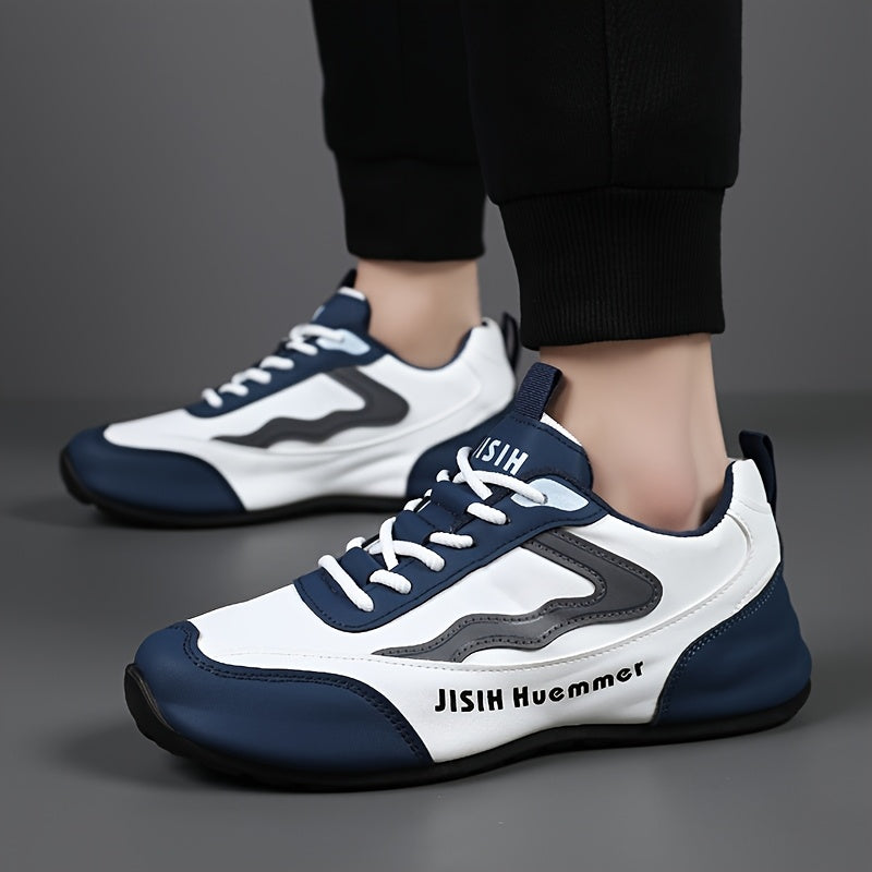 Men's Breathable Color-Block Low-Top Running Shoes - White Navy Blue Contrast Design, Durable PU Upper PVC Sole, All-Season Non-Slip Traction for Gym, Jogging, Casual Wear, Jogging Footwear Sporty Look Fabric Lined In