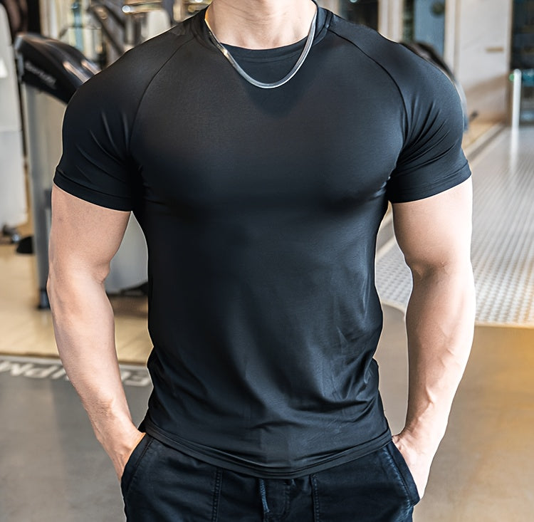 Men'S Slim-Fit Quick-Dry Athletic T-Shirt - Breathable, Stretchy, Solid Color Crew Neck Tee for Gym, Casual Summer Wear, Gym Apparel Trendy Men'S Tee Quickdry Materia