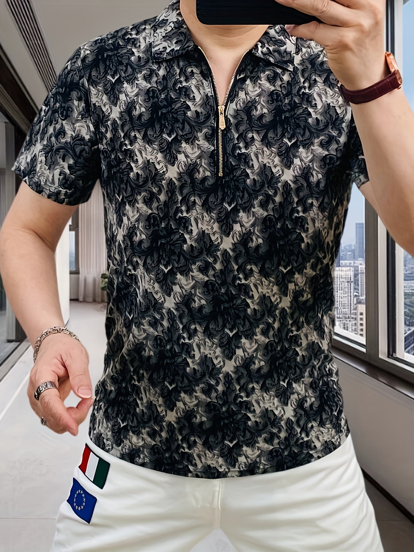 Men's Short Sleeve Shirt with Zipper Front - Black White Floral Print Summer Casual T-Shirt, Breathable Stand Collar, Regular Fit for Casual Attire, Easy Care Fabric