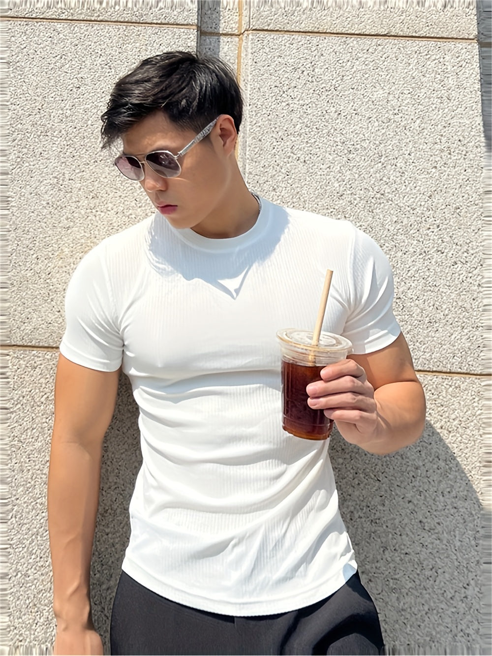 Men's Athletic Striped Solid Color Fitness Short Sleeve T-Shirt, Quick-Dry Stretchy Polyester Sports Tee for Training, Running, Summer, Slim Fit, Round Neck, Knitted Fabric
