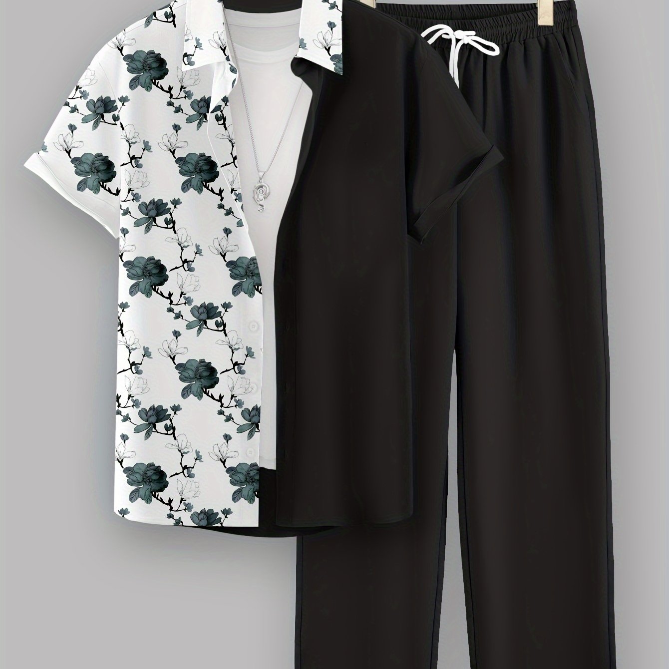 Men's Casual 2-Piece Set, Random Print Short Sleeve Shirt And Drawstring Pants, Regular Fit, Casual Beach Vacation Outfit
