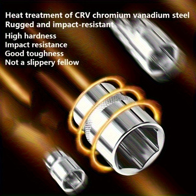 53/50pcs Chrome Vanadium Impact Socket Set, 3/8 Inch Drive, 6-Point Design, Includes SAE Sizes from 5/16 to 3/4 Inch and Metric Sizes from 8 to 22mm, with Ratchet Handle, Extension Bar, Adapter, and Glove