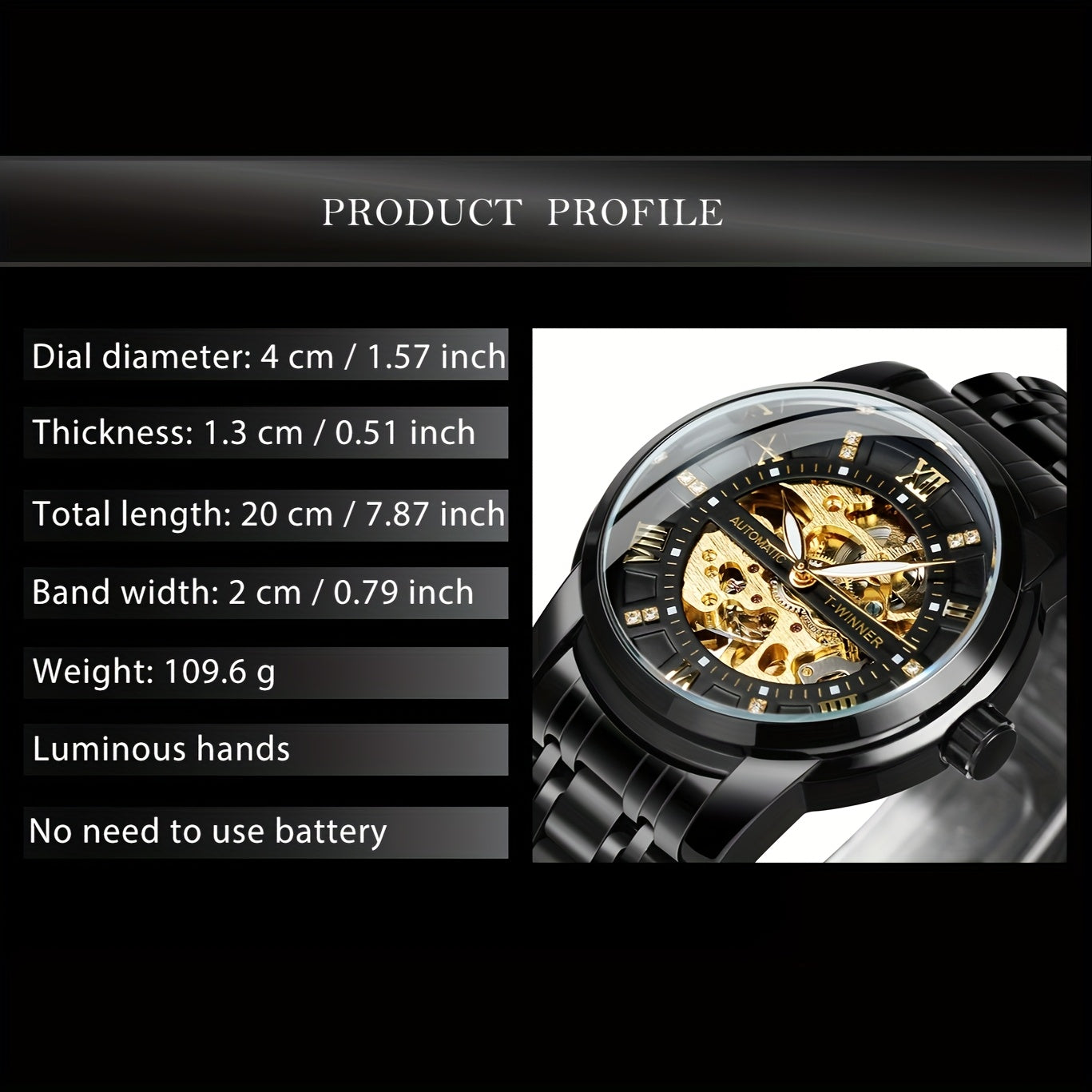 1pc Fashion Luxury Golden Skeleton Automatic Mechanical Watch for Men Luminous Hands Top Brand Stainless Steel Strap Business Casual Mens Watches Festival Birthday Gifts, TWINNER