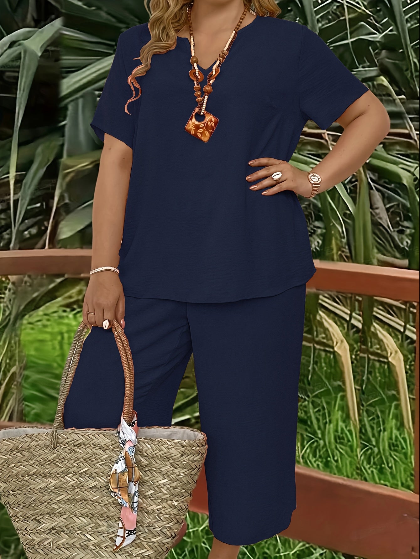 Women's Plus Size Suit, Elegant Solid Color Short Sleeve Top and Wide Leg Pants