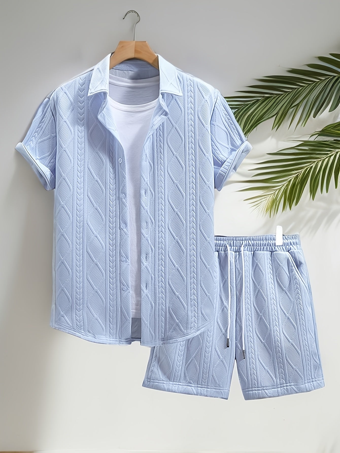 Men's Set Shirt Short Sleeve Shorts Thick Solid Color Knit Jacquard Casual Comfort High-Quality Two-Piece Set