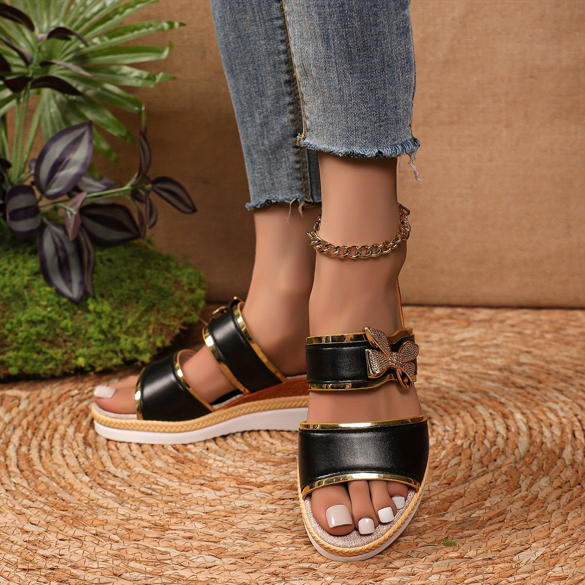 Women'S 2024 New Fashionable Slip-On Wedge Sandals with Fish Mouth Design - Black, Open Toe, Platform Heel, Stylish Ankle Strap, Polyurethane Upper, Rubber Sole, Flax Insole, Casual Footwear Fashionable Footwear Stylish S