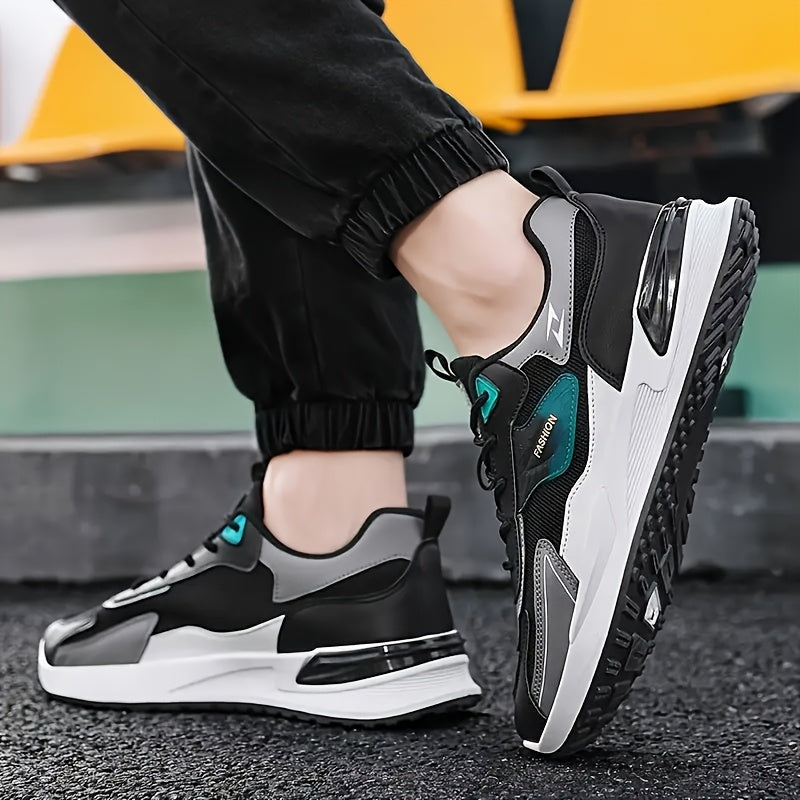Men'S Breathable Running Sneakers with Gradient Design - Low-Top Lace-Up Casual Shoes, Durable PVC Sole, EVA Insole, Fashionable Black White Patterns, Ideal for All Seasons Outdoor Activities