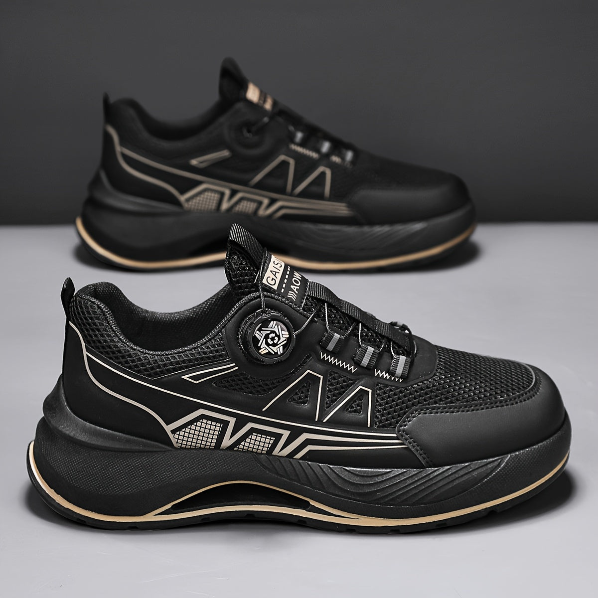 Men's 2025 New Casual Athletic Running Shoes - Thick-Sole Hiking Basketball Sneakers with Breathable PU/Fabric Upper, Durable PVC Outsole, Beige/Black Colorway for Outdoor, Streetwear Everyday Comfort, Round Toe Design