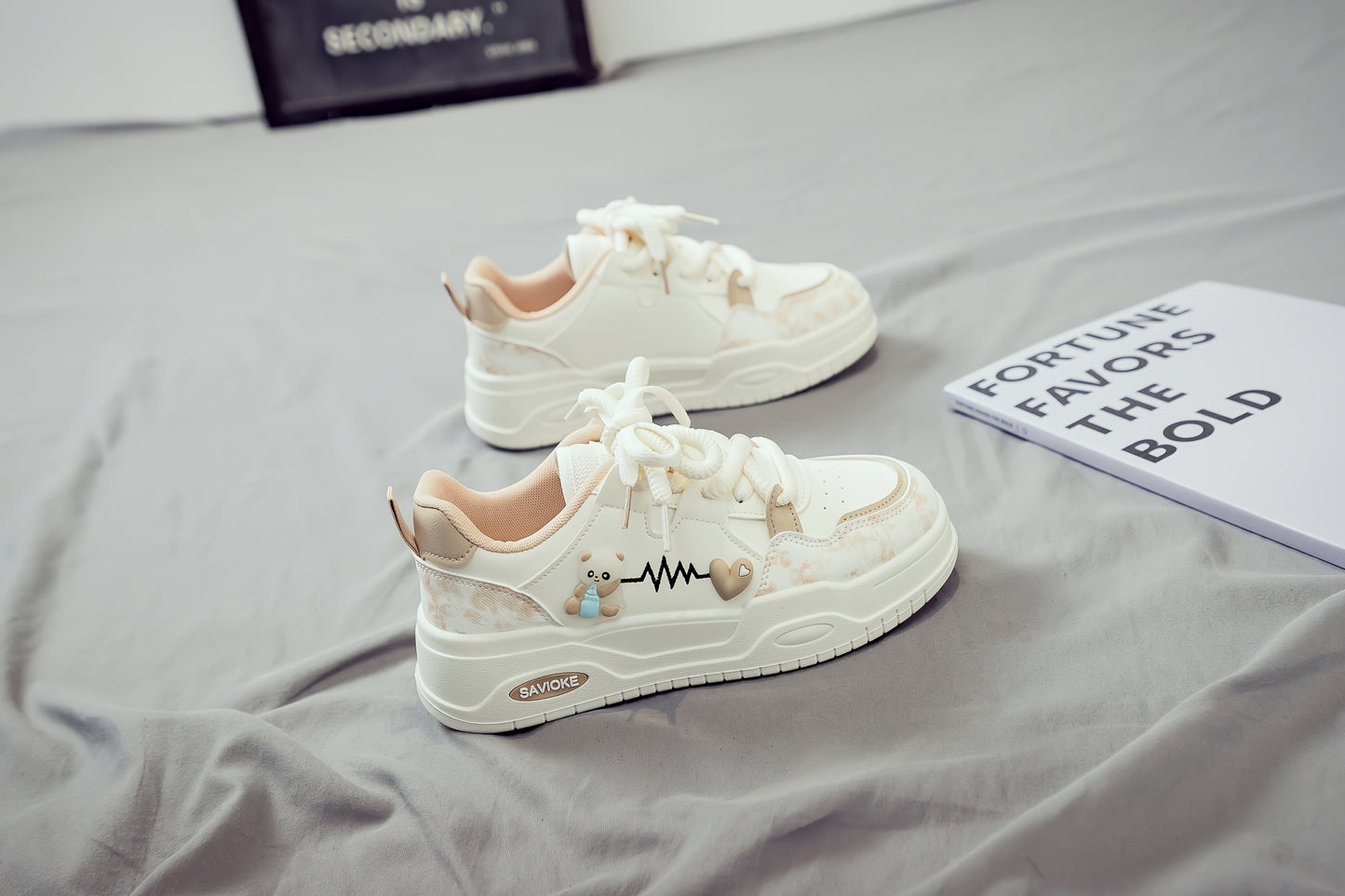 Women's White Mid-Top Sneakers with Bear Heart Stripes Design - PU Cover Upper, Thick Cushioned PVC Sole - Trendy Casual Shoes for All-Season Comfort