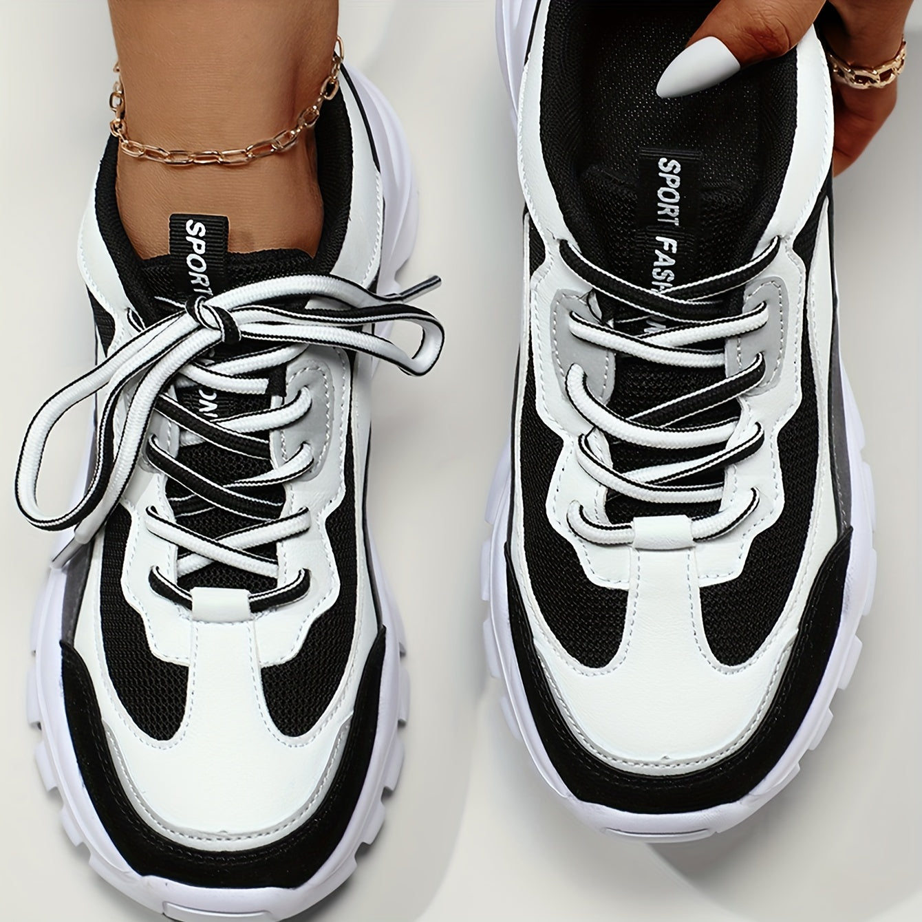 Women's Breathable Low-Top Sneakers - White Black Casual Shoes with Fabric/Polyurethane Upper, EVA Cushioned Sole for All-Day Comfort, Lace-Up Design for Gym, Walking Casual Attire