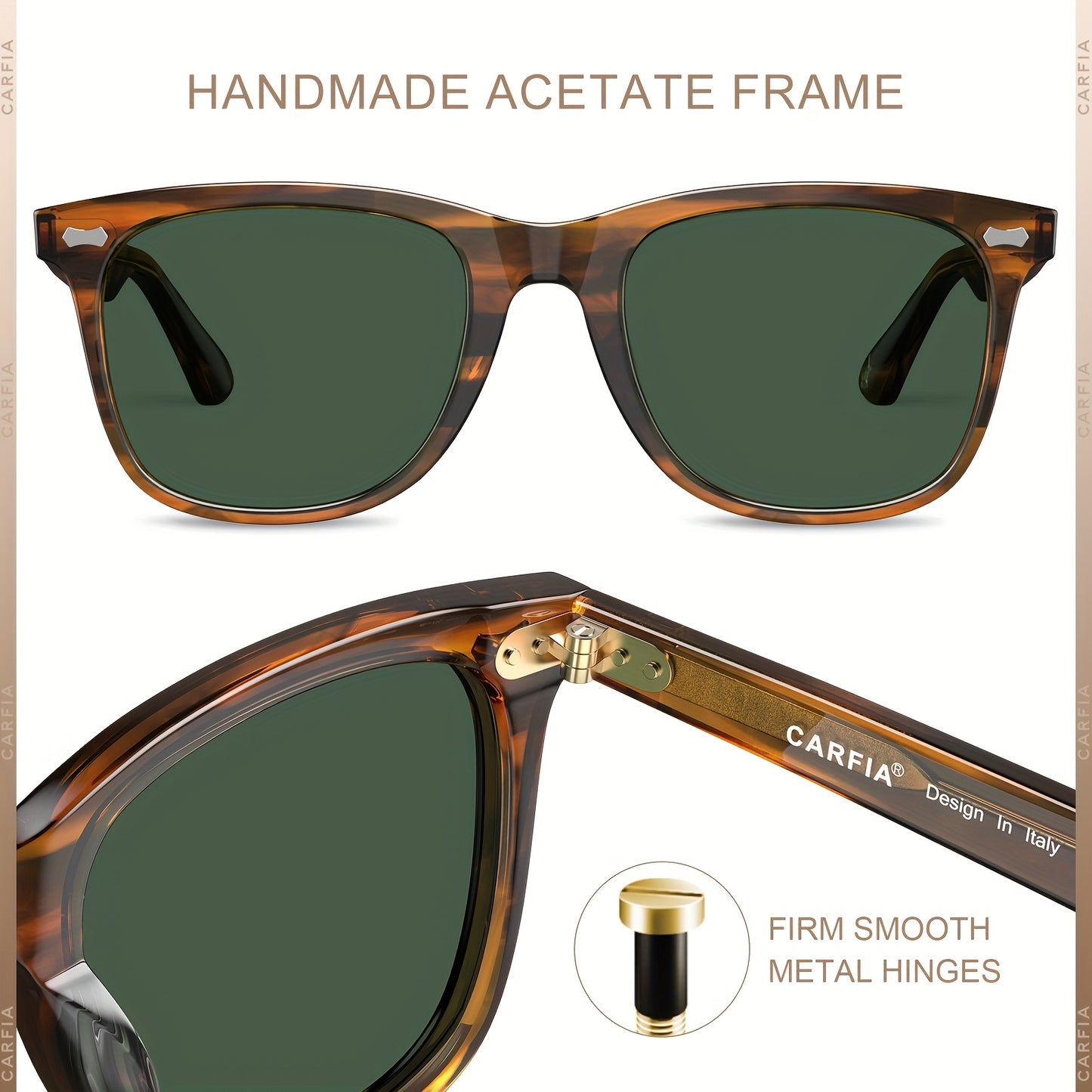CARFIA Square Polarized Glasses For Men UV400 Protection Retro Acetate Italian Hand-crafted Driving Shades