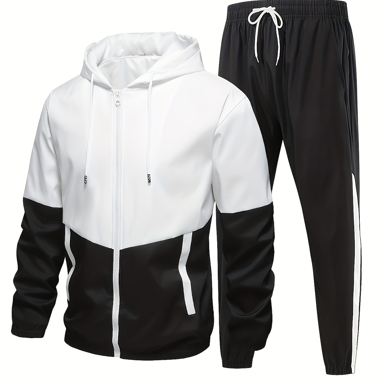 2pcs Men'S Casual Sportswear Set - Color Block Hooded Jacket and Pants, Polyester, Machine Washable, All-Season, with Pockets, Regular Fit, Spring Sportswear|Hooded Sportswear|Machine Washable Fabric