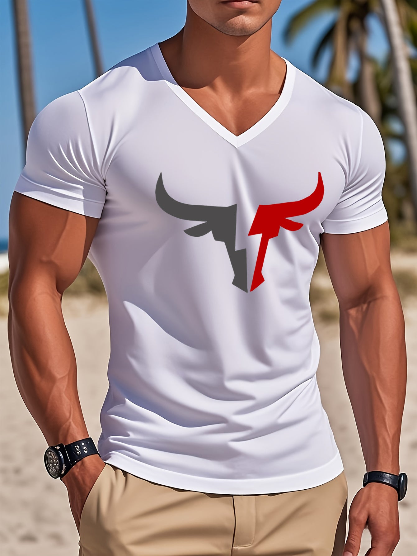 Men's Casual V-Neck T-Shirt with Bold Head Graphic Print - White Black Contrast Design, Breathable Regular Fit Short Sleeve Tee for Spring Summer Casual Wear, Quality Fabric Shirt