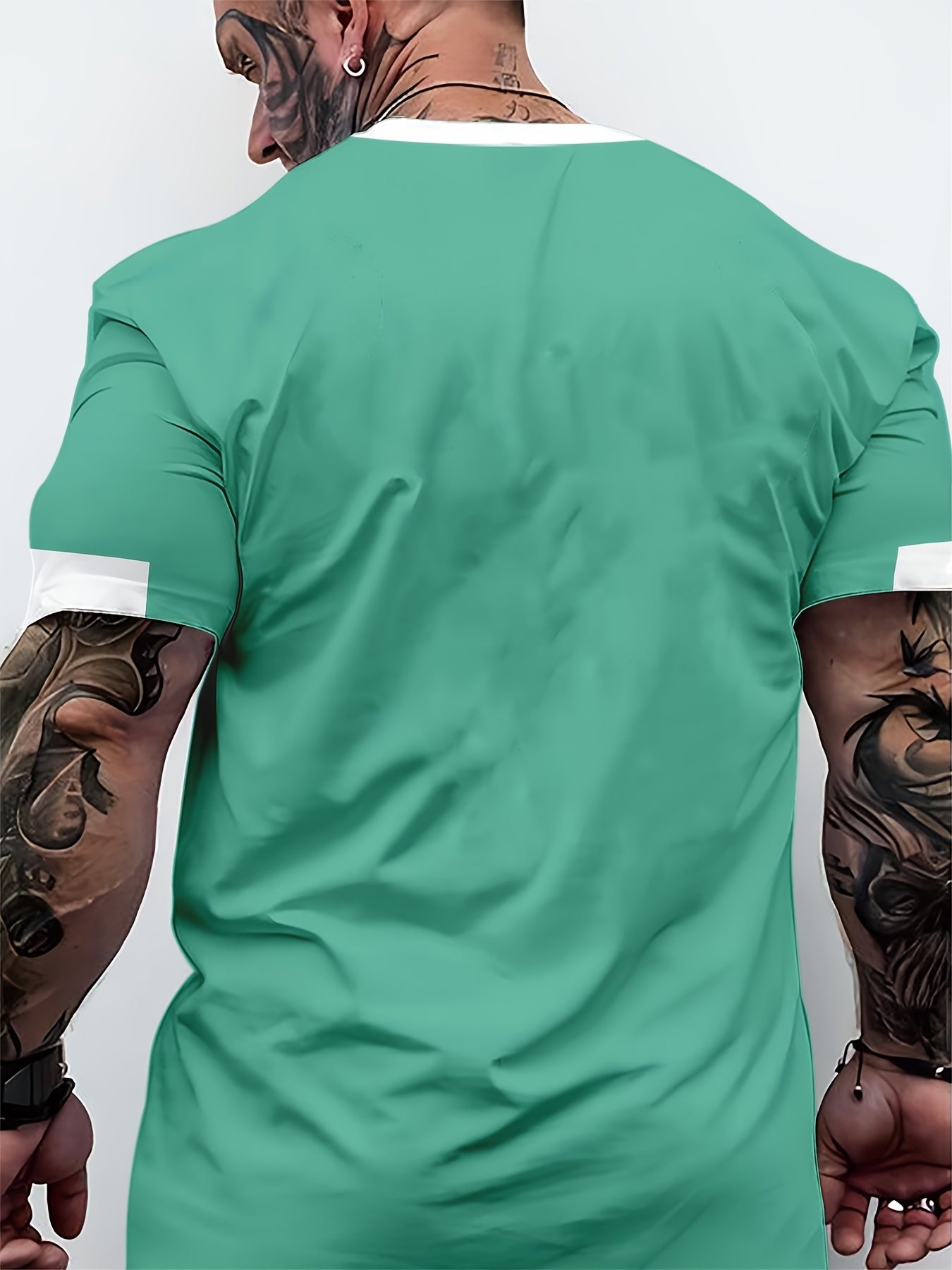 Men'S Paris Graphic T-Shirt - Green Polyester Crew Neck Tee with White Stripes Print - Casual Sporty Knit Top for Casual Attire, Breathable Fabric