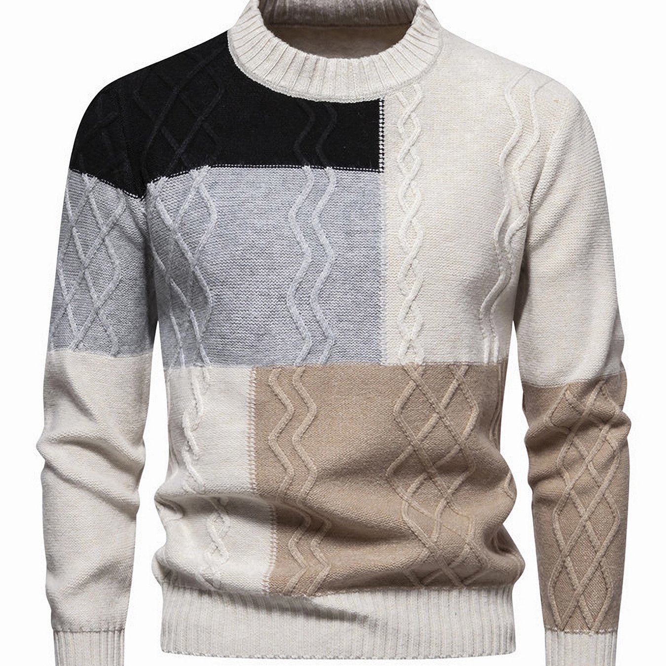 Color-Blocked Round-Neck Pullover Sweater for Men, Trendy Loose-Knit Top for Autumn And Winter for Young People
