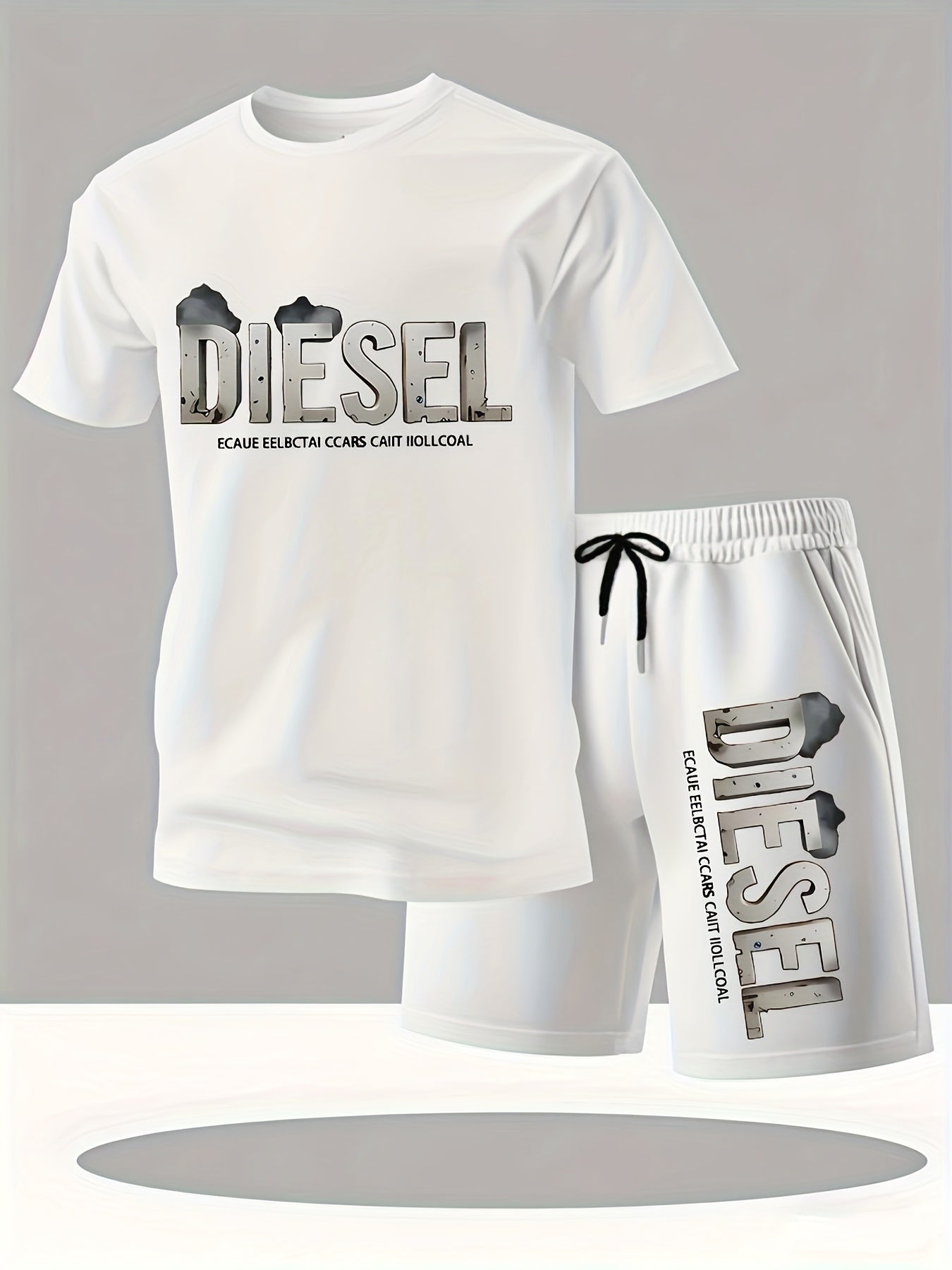 Summer Men'S Casual Sports Short Sleeve T-Shirt and Shorts Set, Comfortable Breathable, Suitable for Outdoor Jogging Running Fitness, Diesel Letter Print Design - 2pcs Set