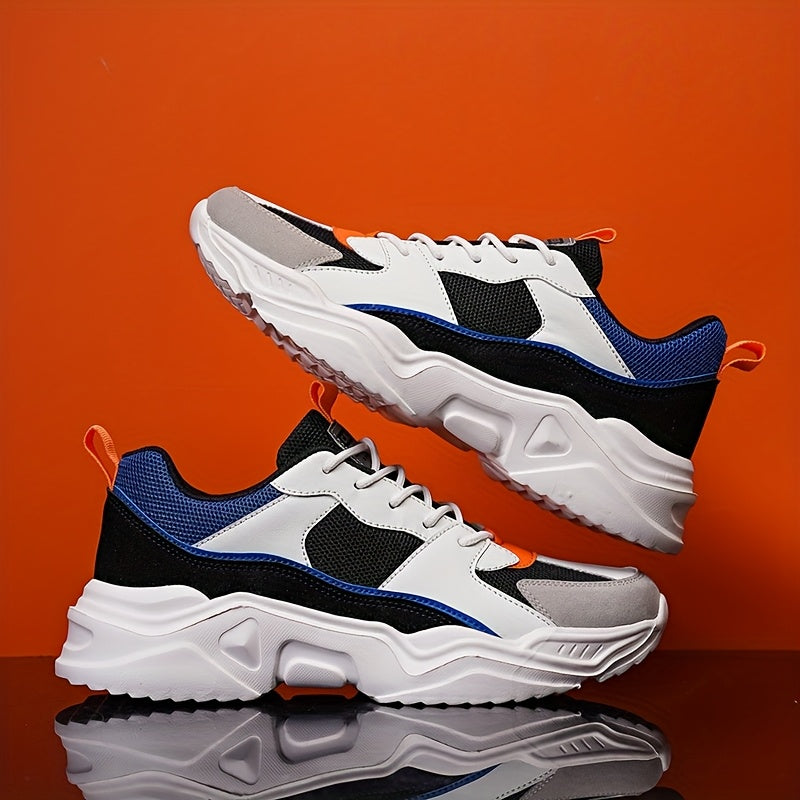 Men'S Athletic Sneakers, Thick Sole Lace-Up Dad Shoes, Multicolor Block Splicing Style Casual Footwear, Suitable for Outdoor Activities