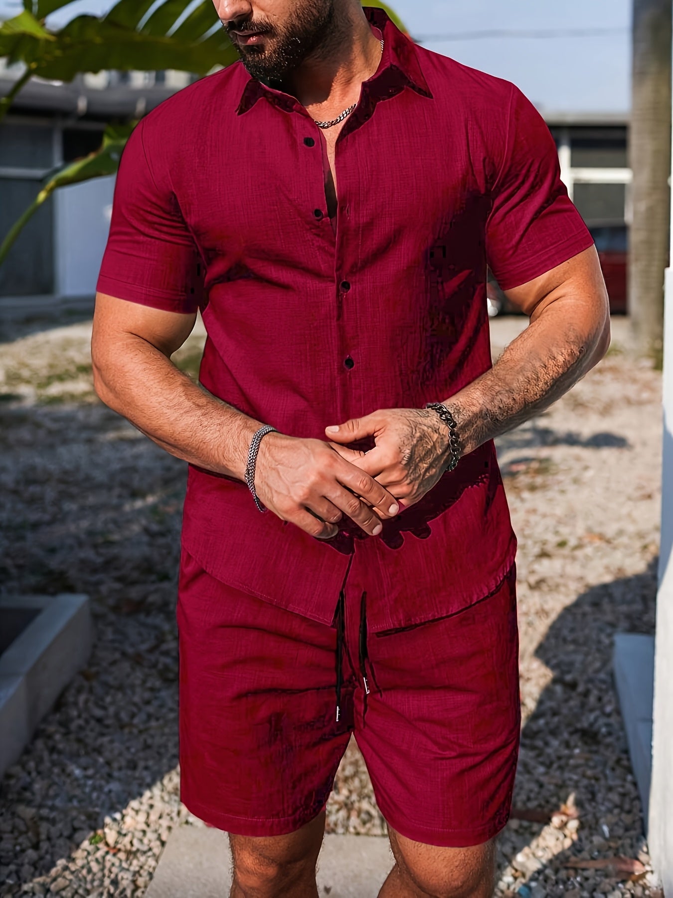 Men's Casual Solid Short Sleeve Shirt and Shorts Set