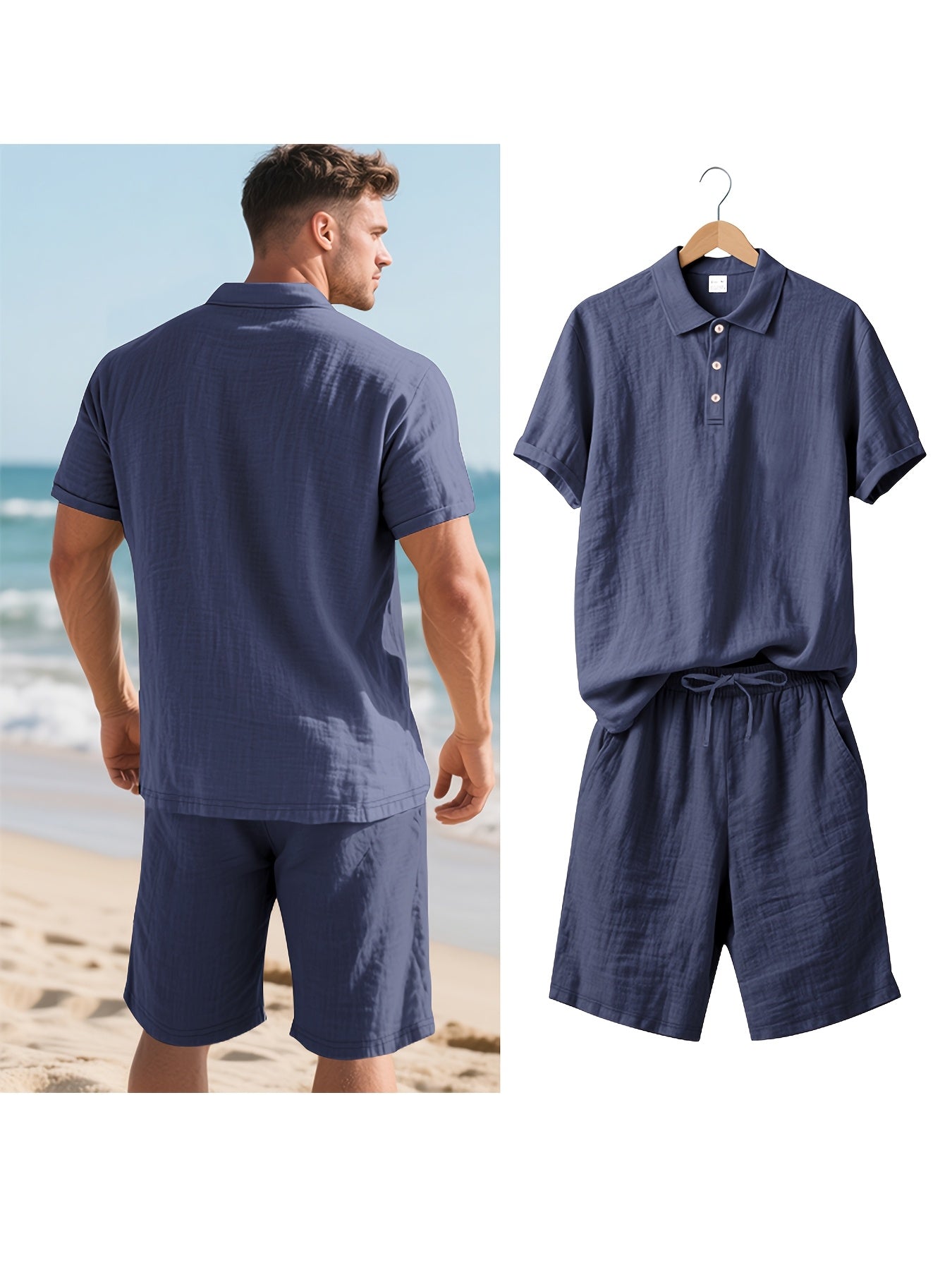 Essential for a Cool Summer! Men's Linen Shirt & Shorts Set, Comfortable Casual Outing Choice - Simple Beach Vacation Style Solid Color Linen