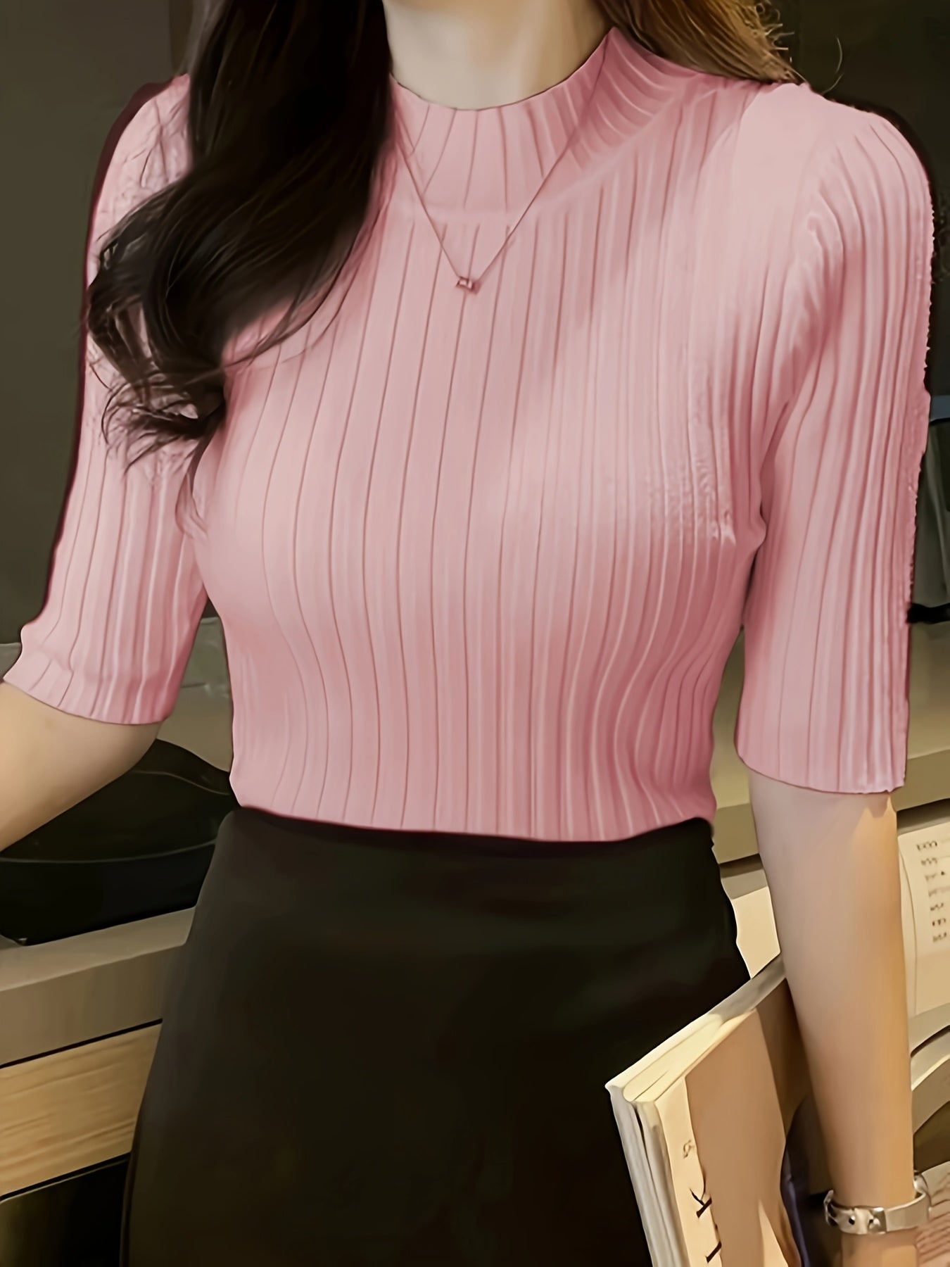 Women's Elegant Solid Color Ribbed Pullover Top - Short Sleeve Regular Fit Machine-Washable All-Season Versatile Blouse for Casual & Formal Wear
