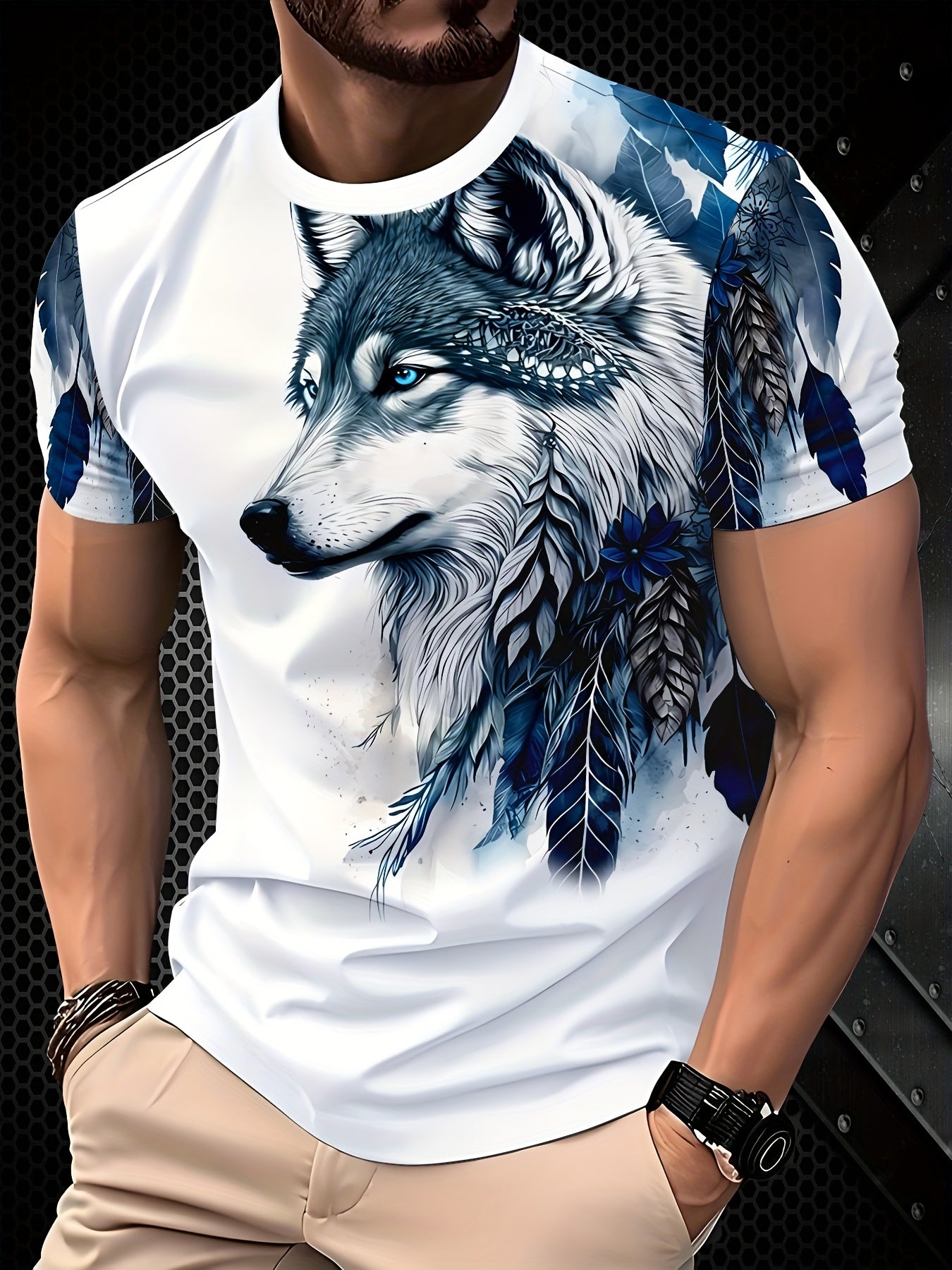 Men's Casual Breathable T-Shirt - White Round Neck Regular Fit, Machine Washable Durable Digital Print for Outdoor Casual Attire, Naturethemed Apparel, Wolf Graphic Tee, Comfortable Fabric