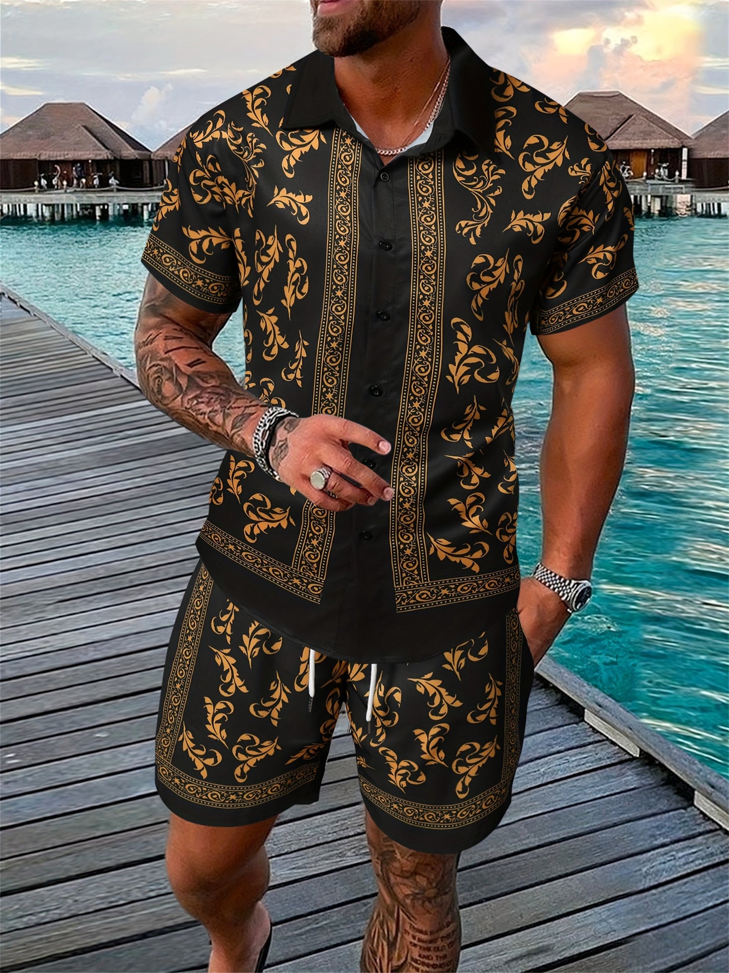 Men's Casual Summer Outfit Set, Short Sleeve Shirt And Pants, Floral Print, Polyester Blend, Machine Washable