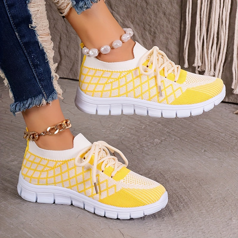 Women's Breathable Knit Sneakers - Lightweight, Lace-Up Casual Shoes with EVA Sole, Available in Brown, Purple, Orange, and Yellow Gradient - Stylish All-Season Footwear, Ladies Sneakers