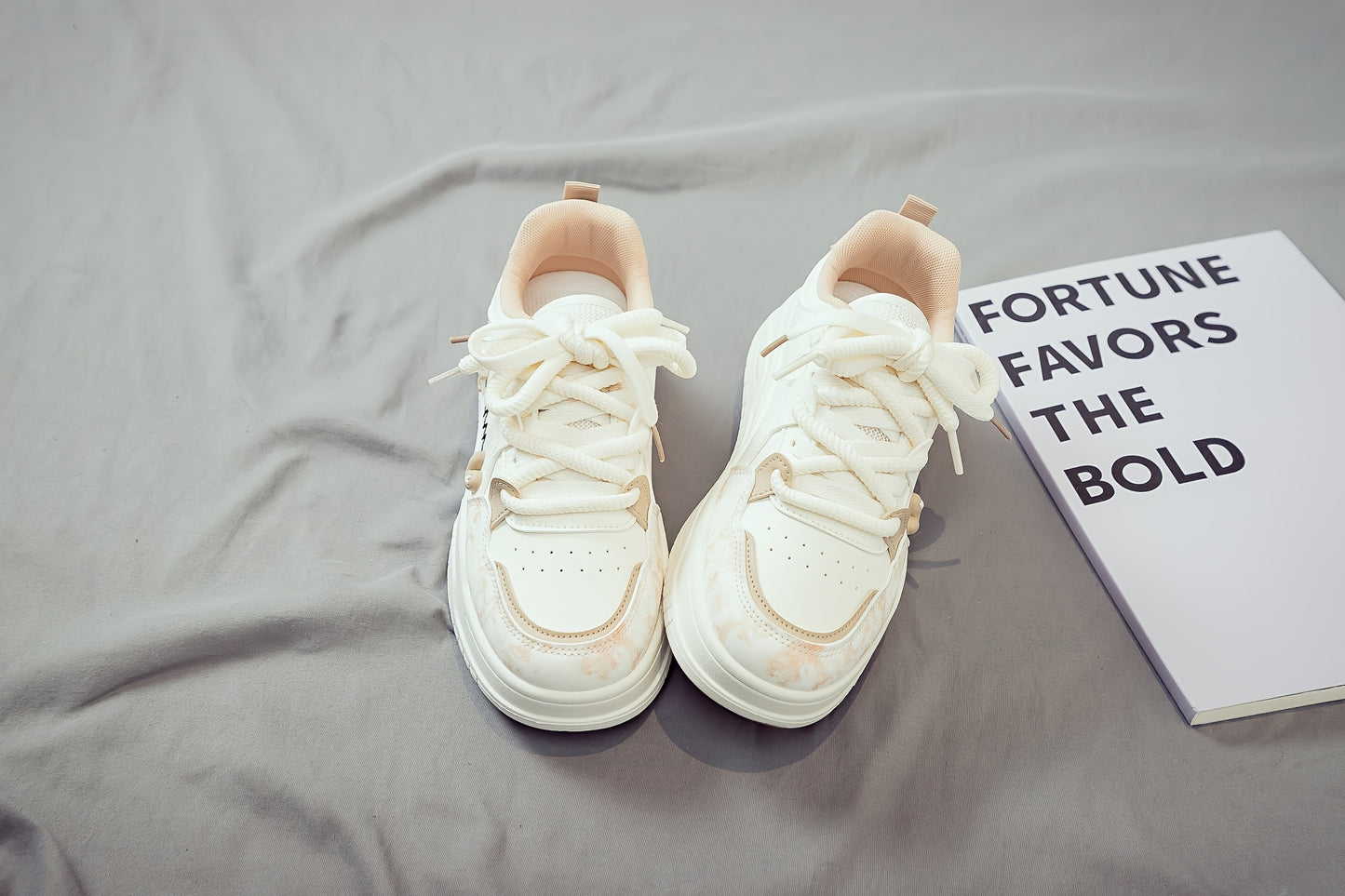 Women's White Mid-Top Sneakers with Bear Heart Stripes Design - PU Cover Upper, Thick Cushioned PVC Sole - Trendy Casual Shoes for All-Season Comfort