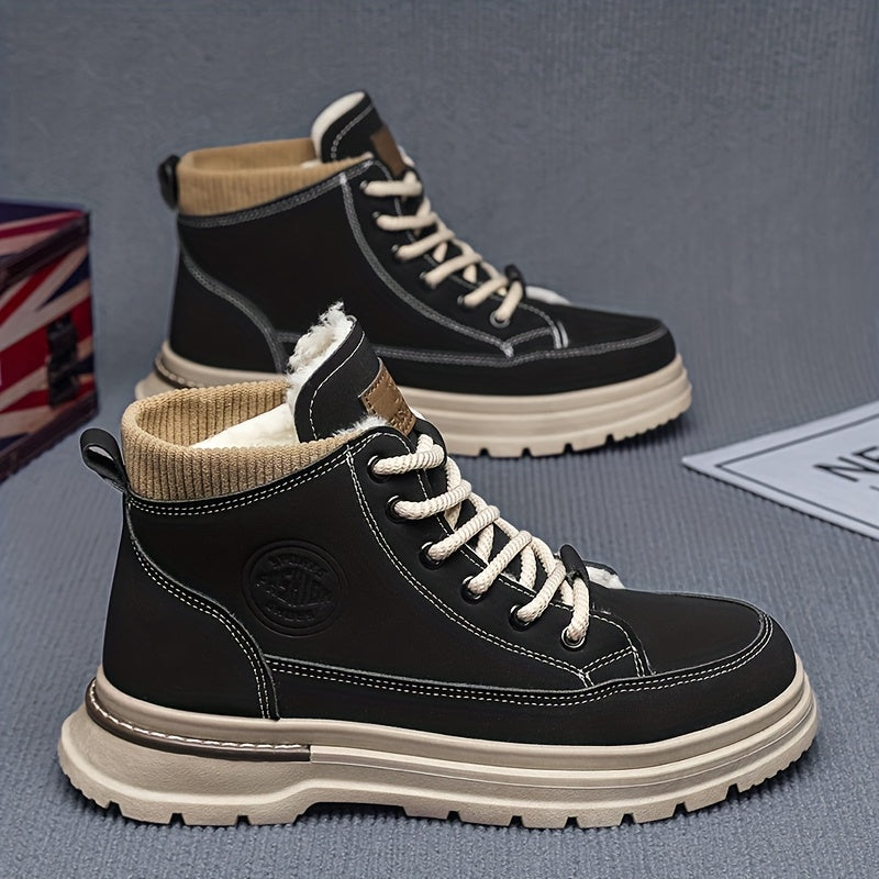 Men's Winter Snow Boots with -Like Collar & Thick Ankle - Upper, PVC Traction Tread, Lace-Up Ankle-High Trekking Boots for Ice, Snow, Hiking, - Warm Outdoor & Casual