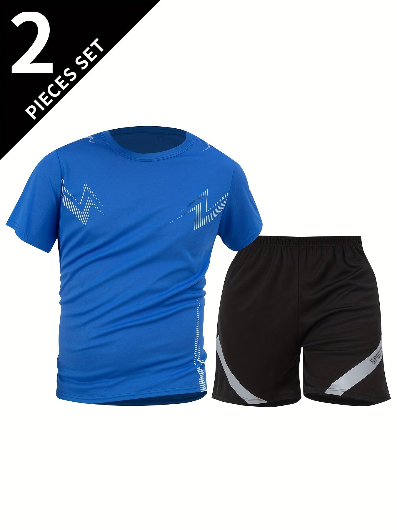 2pcs Summer New Lightning Print Sports Suit Men's Short Sleeve Shorts Outdoor Fitness Breathable Quick-Dry Loose Running Outfit Set