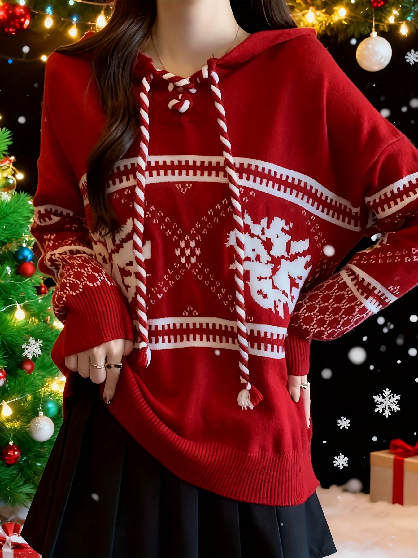 Autumn/Winter Women's Korean-Japanese Style Christmas Sweater, New Year Holiday Red Fair Isle Top, New Arrival Embroidered Stripe Embroidered Collar Adjustable Drawstring Embroidered Snowflake Pattern Thick Warm Hooded Sweats