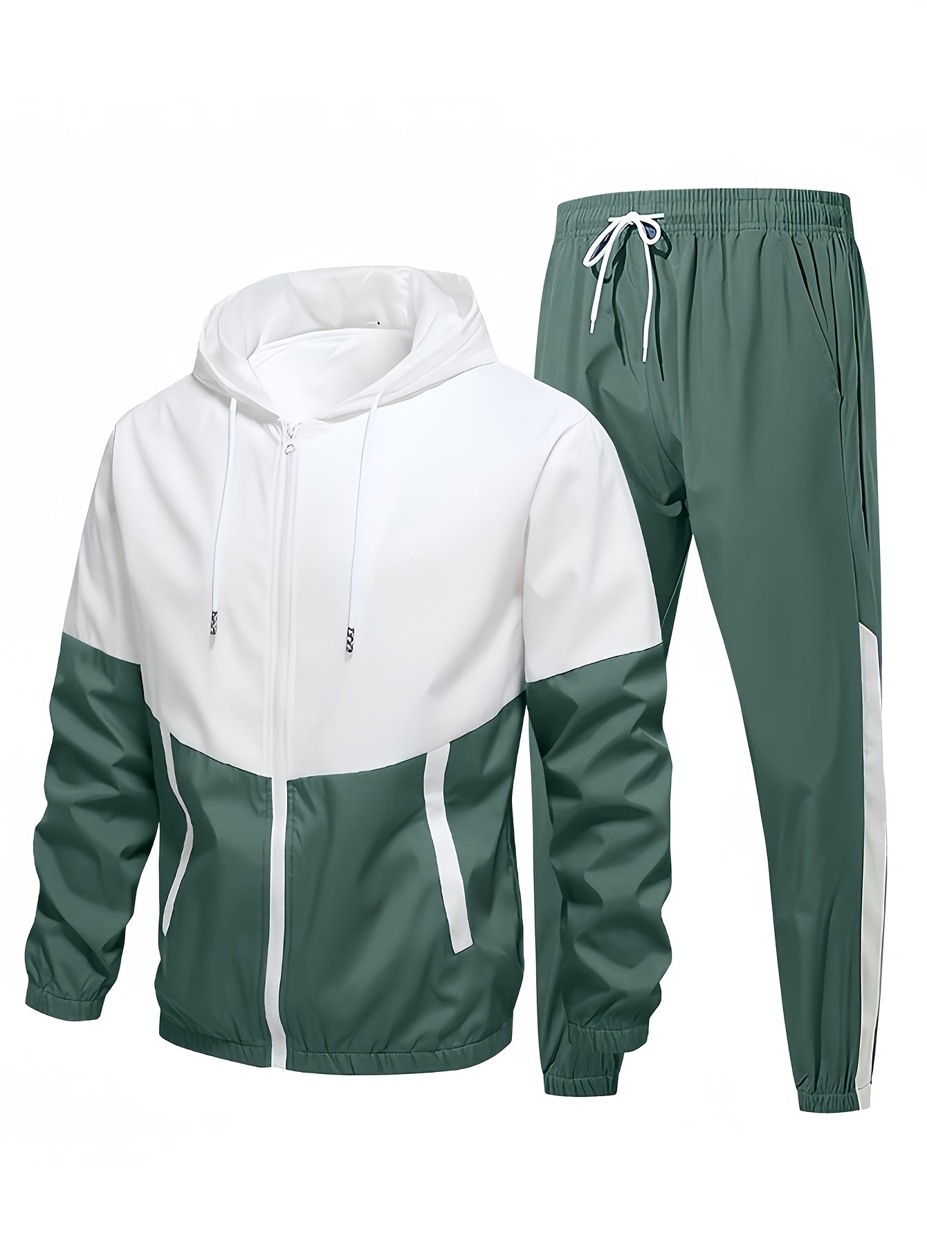 2pcs Men'S Casual Sportswear Set - Color Block Hooded Jacket and Pants, Polyester, Machine Washable, All-Season, with Pockets, Regular Fit, Spring Sportswear|Hooded Sportswear|Machine Washable Fabric